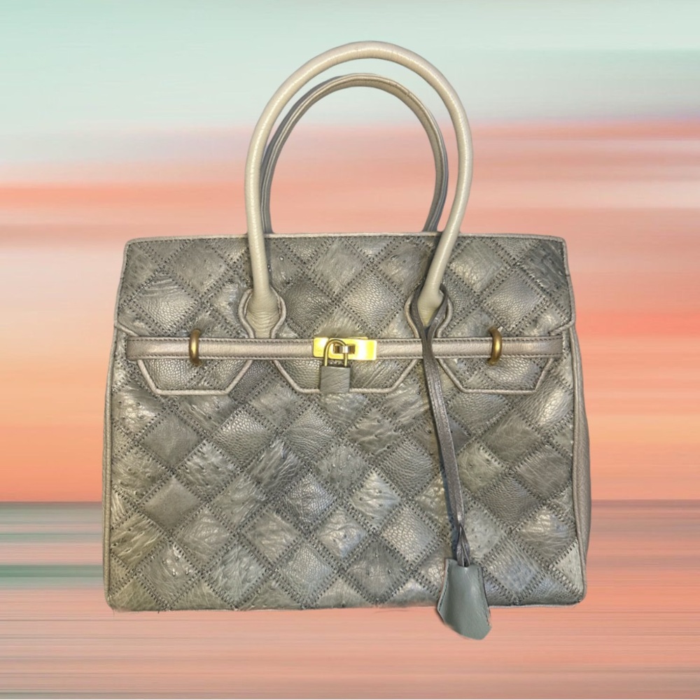 Handmade Ostrich Skin Birkin-Style Bag – Harlequin Diamond Moss Green Firkin
